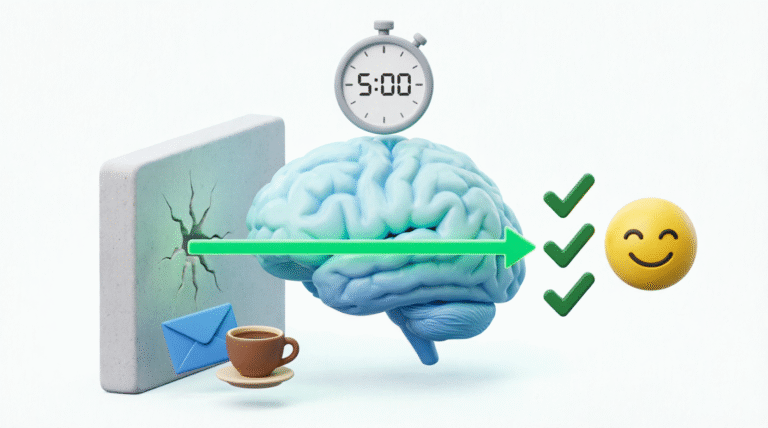 3D brain illustration with 5-minute stopwatch, green arrow breaking through barrier blocking email and coffee cup task icons, leading to checkmarks and happy face showing how starting small overcomes procrastination