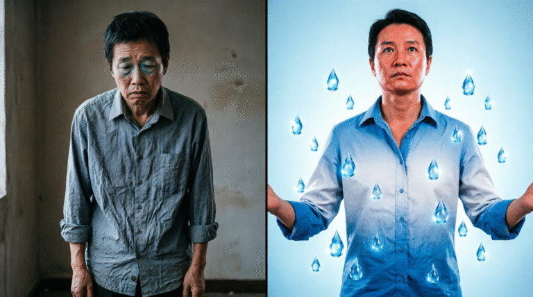 Split comparison showing tired person versus energized person surrounded by glowing blue water droplets