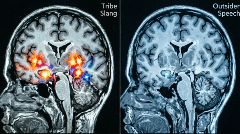 Split-screen fMRI brain scan comparison showing left brain with bright orange/red activation in amygdala and mirror neurons when hearing tribe slang versus right brain with neutral blue tones showing minimal response to outsider speech, demonstrating neural basis of social belonging and language recognition