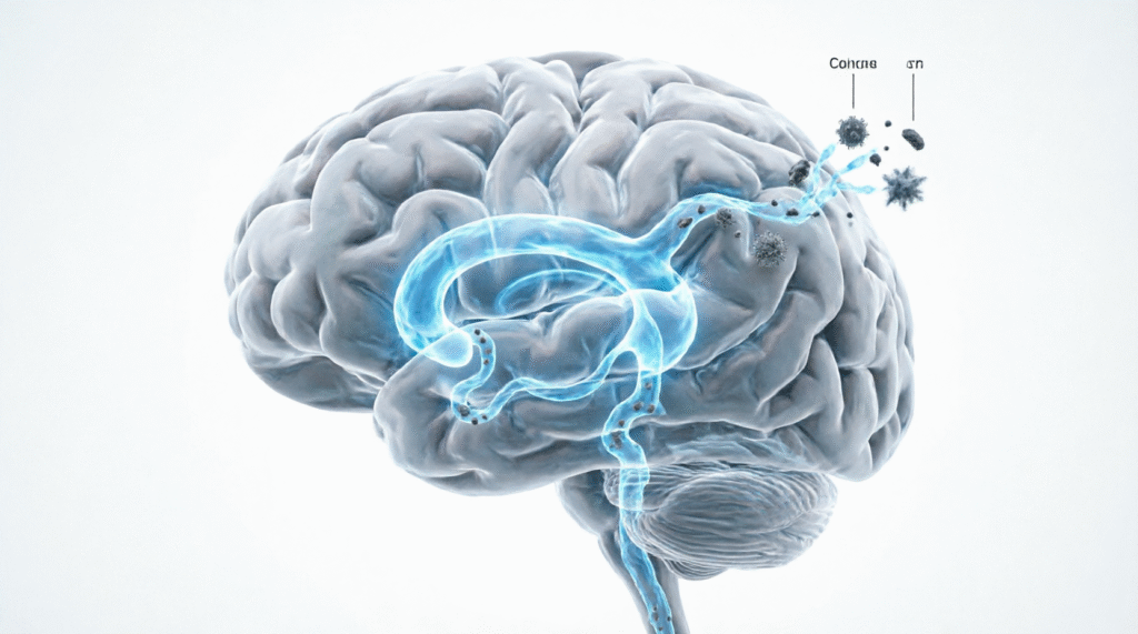 Brain illustration with glowing blue fluid channels washing away dark toxin particles, showing the brain's natural cleansing and detoxification process