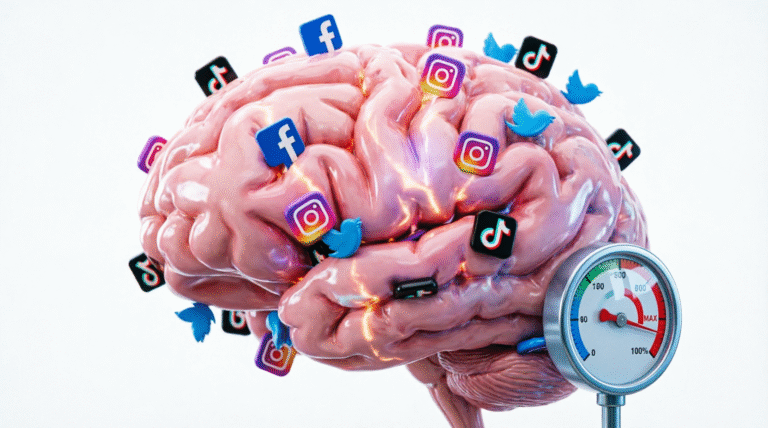 Illustration of brain reaching capacity from endless scrolling content