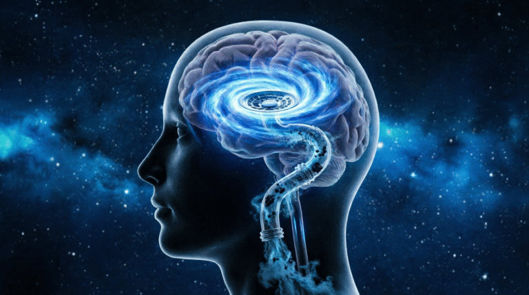 Head silhouette against starry night sky with glowing blue drain mechanism inside brain showing swirling vortex washing away dark toxin particles during sleep
