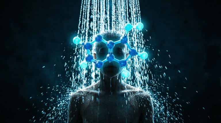 Silhouette under shower with glowing blue dopamine molecule structure showing cold exposure brain chemistry boost