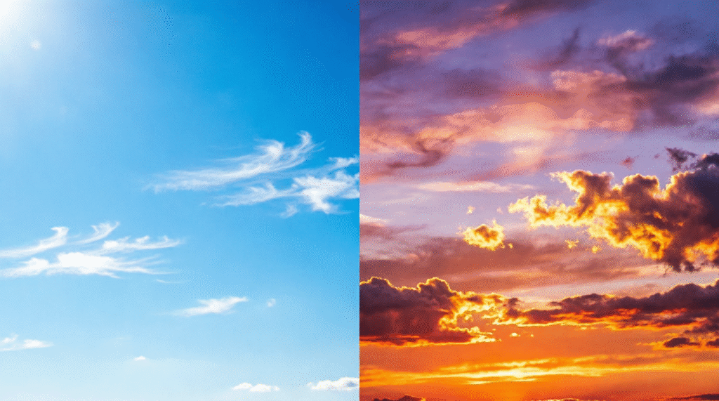 Split screen comparison showing bright blue daytime sky versus vibrant red and orange sunset sky