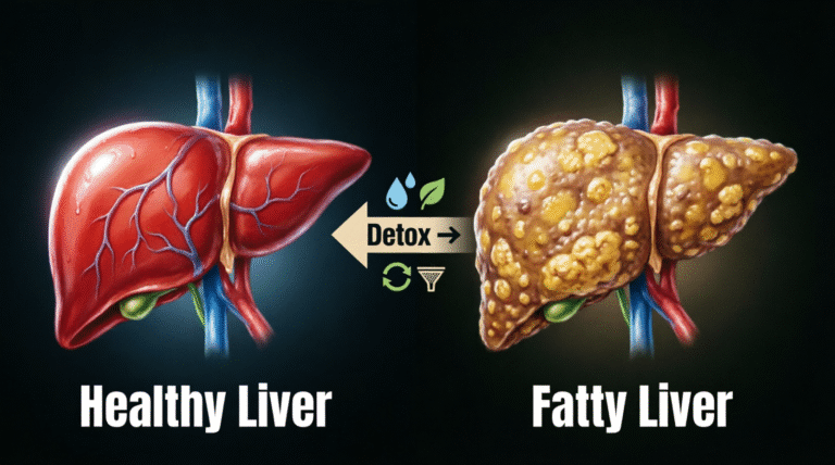Medical diagram showing healthy liver and fatty liver disease comparison with liver detox symbols, illustrating natural liver cleansing, autophagy, and metabolic health improvement through lifestyle changes
