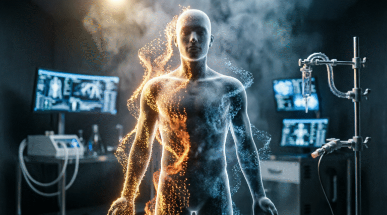 3D illustration of transparent human silhouette in dark laboratory setting