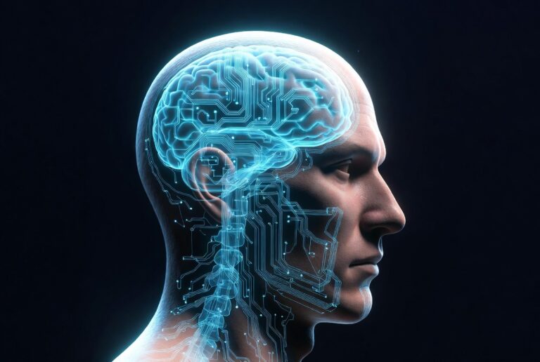 A 3D illustration of a human head profile showing a glowing blue neural network connecting the brain to the spinal cord.