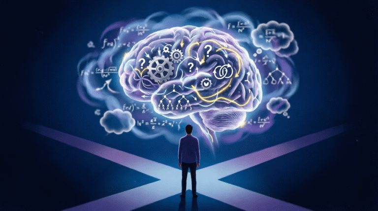 Person at decision crossroads with glowing brain showing analysis paralysis and overthinking