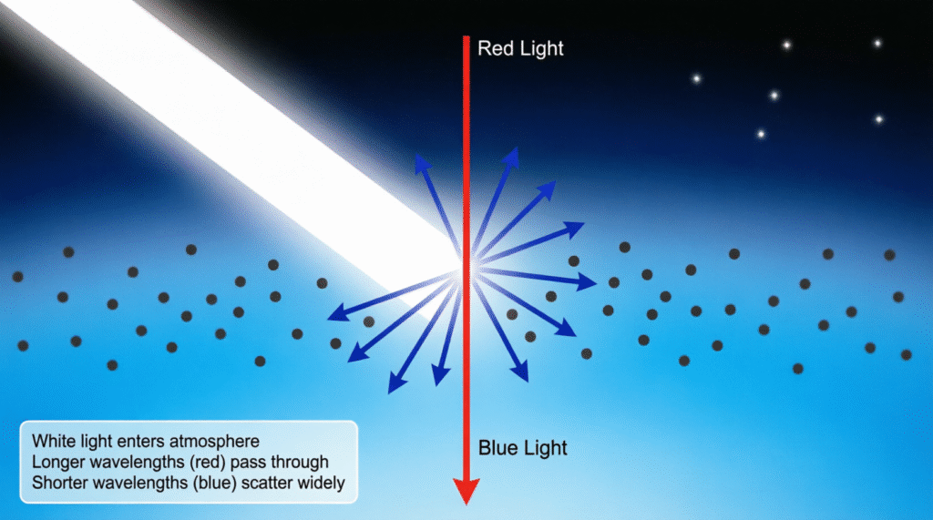  Diagram showing white light entering atmosphere with red light passing straight through and blue light scattering in all directions when hitting gas molecules, explaining why sky appears blue