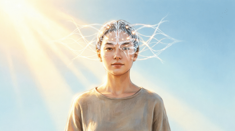 Person experiencing balanced brain chemistry for lasting happiness through simple daily habits