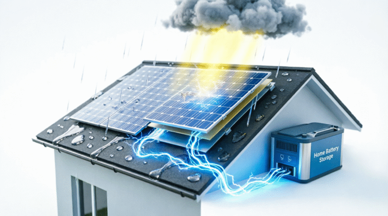 3D cutaway diagram showing solar panels on rainy rooftop with light rays diffusing through clouds to photovoltaic cells, blue electricity sparks flowing to home battery storage system demonstrating renewable energy generation in various weather conditions