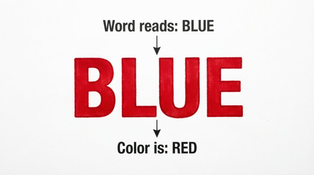 The word "BLUE" displayed in bold red ink