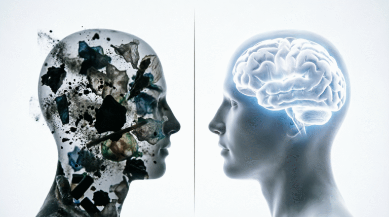 Split comparison showing head silhouette filled with dark trash particles and debris versus clean glowing healthy brain in white and blue light, illustrating brain detoxification and mental clarity
