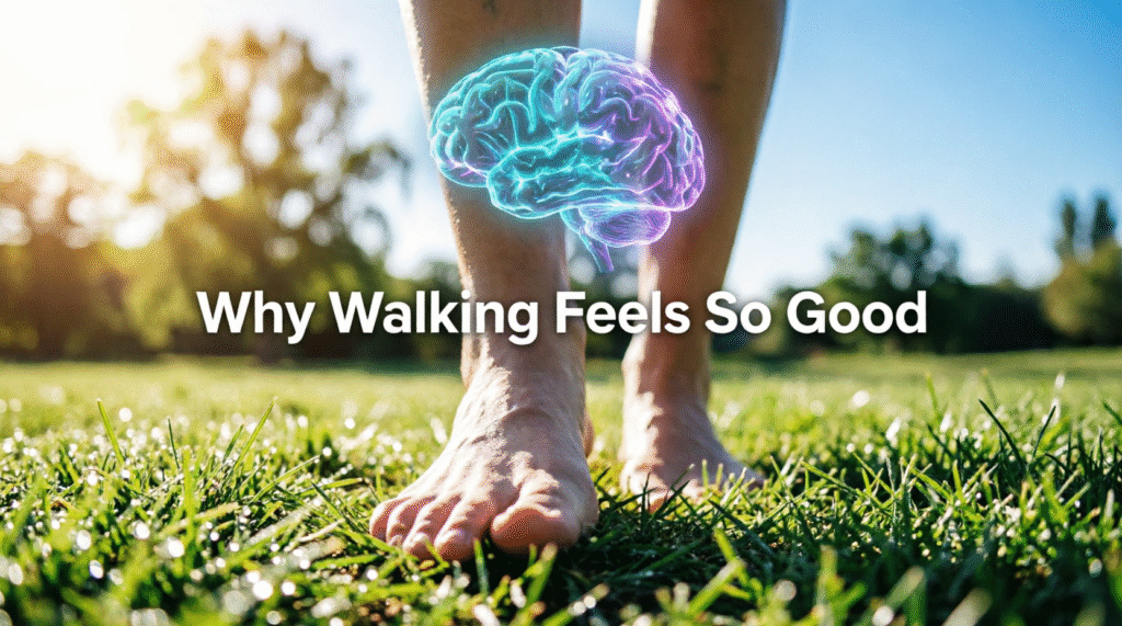 Woman walking in forest with glowing brain illustration showing dopamine release