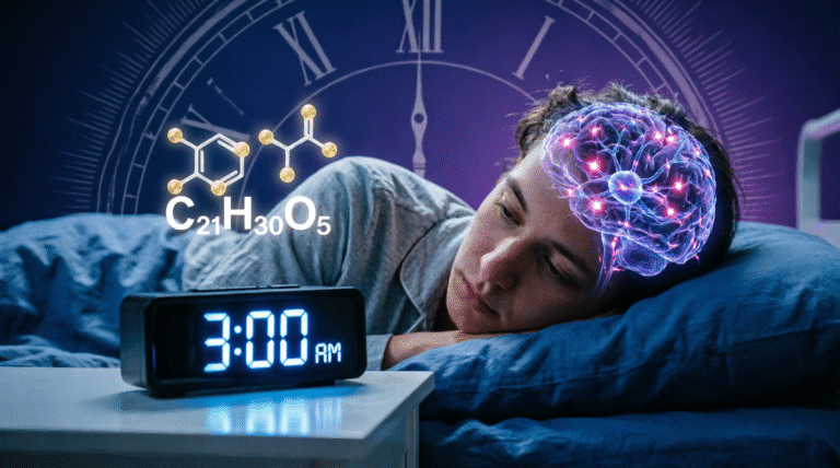 Person lying awake in bed at 3:00 AM with glowing alarm clock on nightstand, transparent brain showing active neural networks with pink and blue electrical activity, cortisol molecule structure (C21H30O5) floating nearby, large clock face background in deep blue and purple tones, illustrating the biological processes and brain activity during the 3AM wake-up phenomenon.