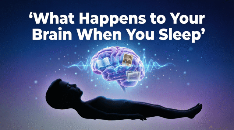 Sleeping silhouette with visible active brain showing waves and memory transfer icons;