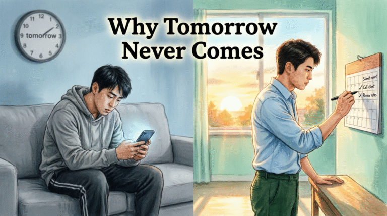 Split image showing procrastination vs action: tired person scrolling phone with tomorrow clock versus energized person checking calendar at sunrise
