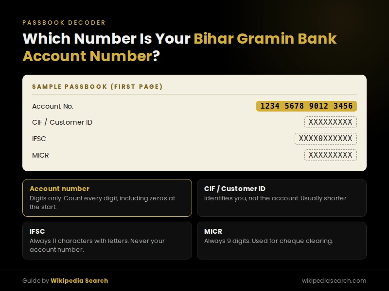 Bihar Gramin Bank account number digits shown on a sample passbook next to CIF, IFSC and MICR codes