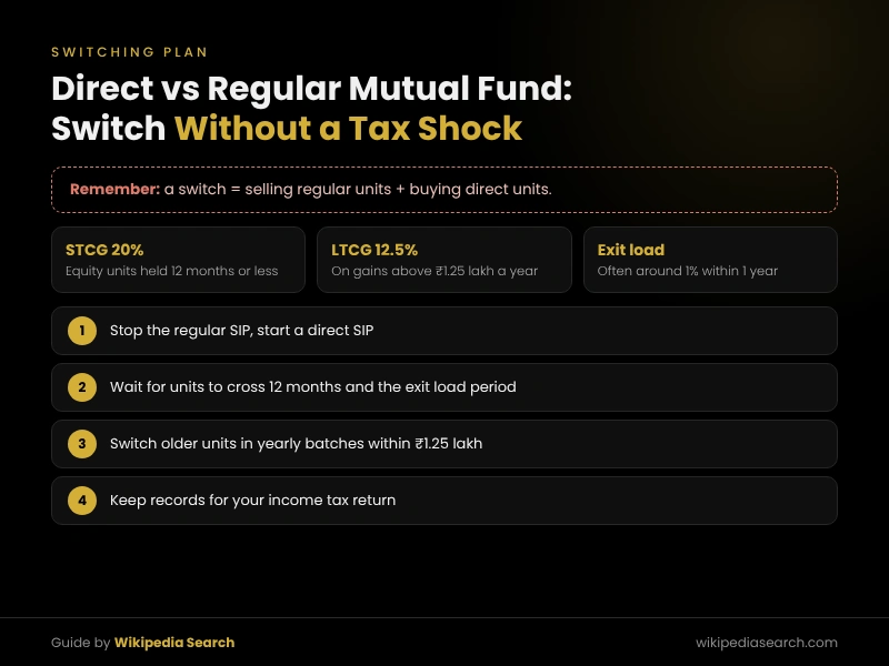 Direct vs regular mutual fund switching plan with STCG, LTCG and exit load explained