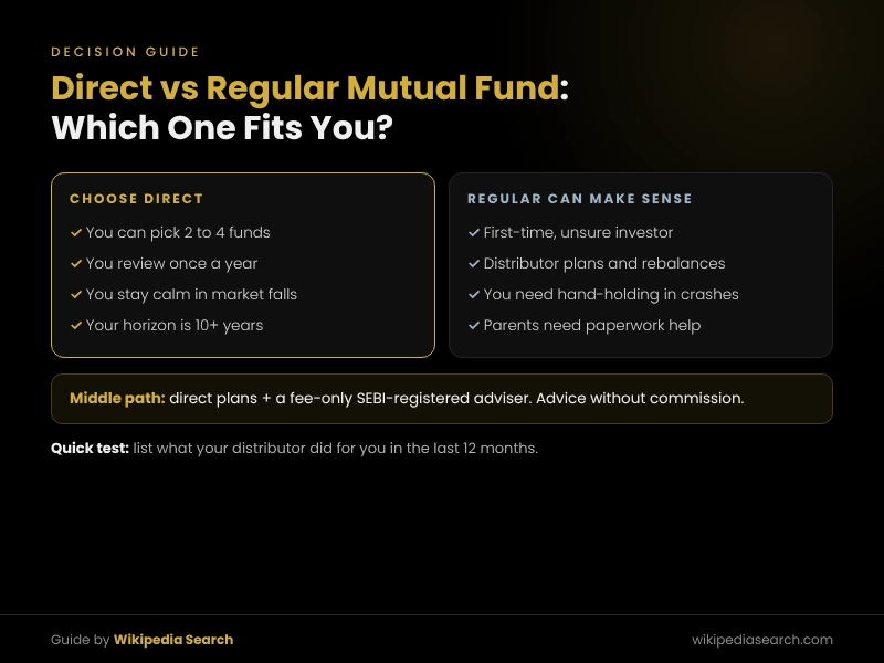 Direct vs regular mutual fund decision guide showing who should choose each plan