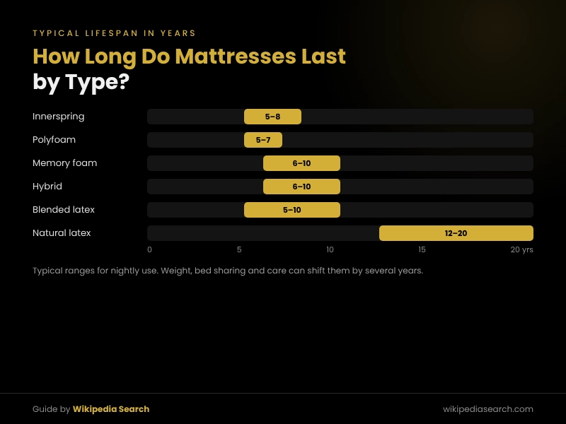 How long do mattresses last by type, chart comparing innerspring, foam, hybrid and latex lifespans
