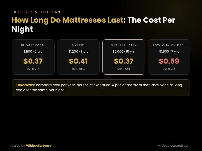 How long do mattresses last compared with price, showing cost per night for foam, hybrid and latex