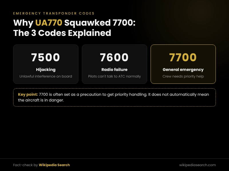United Airlines flight UA770 emergency diversion squawk 7700 explained with 7500 and 7600 codes