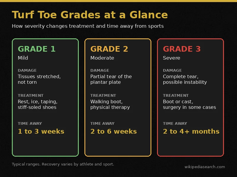 What is turf toe grades chart comparing grade 1, 2 and 3 damage, treatment and recovery time